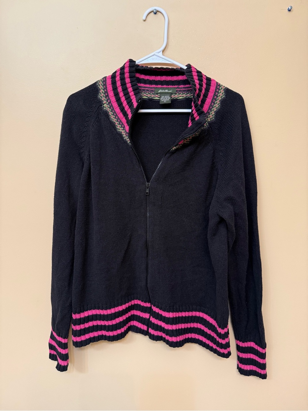 Eddie Bauer Black Zip-Front Sweater with Pink Stripe Trim
